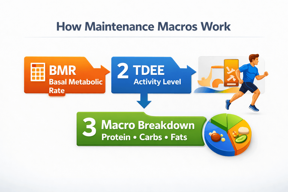 How maintenance macros are calculated using BMR, TDEE, and macro distribution