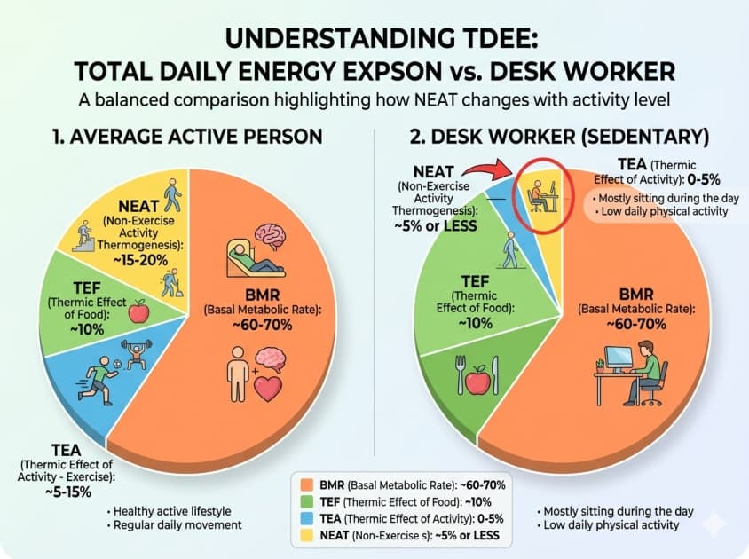 TDEE components chart comparing healthy NEAT vs sedentary office worker calorie burn