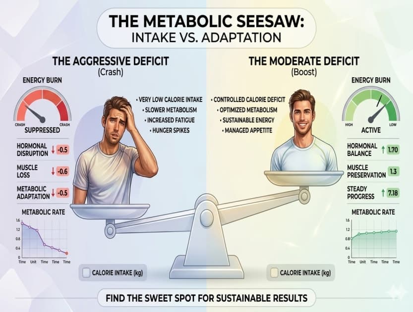 Metabolic adaptation vs sustainable calorie deficit explanation graphic