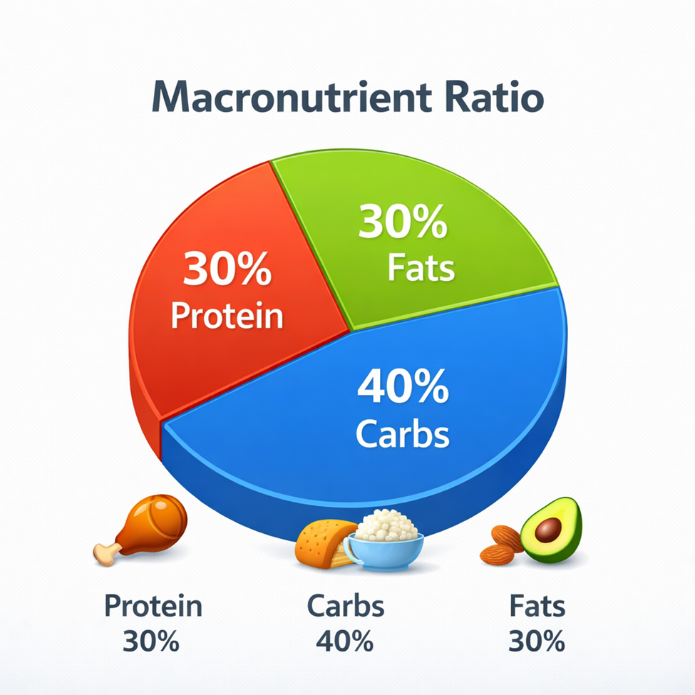 Ideal maintenance macro split with 30 percent protein 40 percent carbs and 30 percent fats